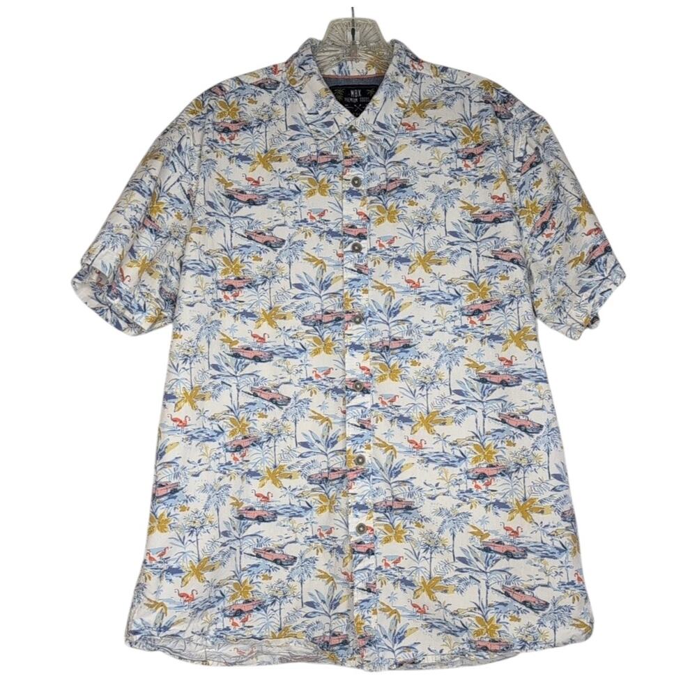 MBX Premium Men's Short-Sleeve Button-Down Shirt Size L All-Over Tropical Print